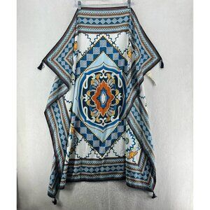 Chico's Square Scarf Women OS White Blue Lattice Damask Tasseled Multifunctional